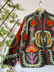 Ethnic Dark Gray <b>Velvet</b> Suzani Embroidered <b>Jacket</b> with Floral Pattern Full Sleeve Stand Collar <b>Women's</b> Soft Autumn Coat - Product Image 3