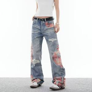 Jeans pour hommes délavés vintage coupe droite, style streetwear, pantalon baggy décontracté, jean ample unisexe surdimensionné - Product Image 4