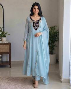 Light Blue Faux Georgette Anarkali <b>Kurti</b> Pant Set with Embroidered Dupatta Ethnic Wear <b>for</b> <b>Women</b> - Product Image 2