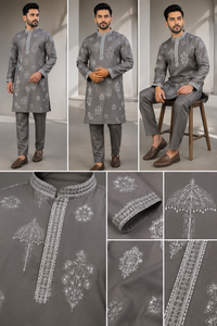 Mens Ethnic Grey Printed Cotton Kurta Pajama <b>Set</b> Embroidered Neck Indian Traditional Festival Outfit Wholesale Supplier B2B - Product Image 6