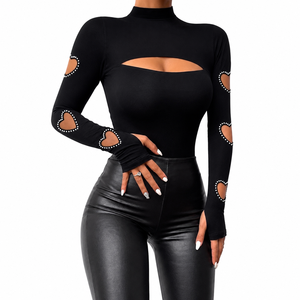 Women's Black Turtleneck Long Sleeve <b>Top</b> with <b>Heart</b> Cutouts and Satin Pants Set Casual Club Wear Regular Fit - Product Image 1