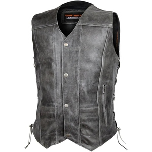 Gilet de moto personnalisé pour homme en cuir de vachette véritable gris vintage, col en V, lacets latéraux, pour club de motards, fermeture à boutons-pression, OEM - Product Image 3