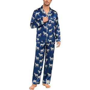Pijamas de seda para hombre, conjunto de ropa de dormir de satén azul con estampado animal de manga larga, ropa informal de primavera - Product Image 4