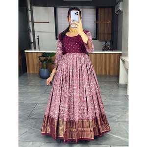 DISEÑADOR SUAVE SEDA KALAMKARI ESTAMPADO TRABAJO SOLO VESTIDO VINO - Product Image 1