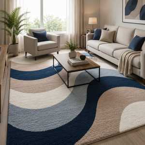 Tapis en laine de Nouvelle-Zélande tufté à la main, tapis moderne abstrait, bleu beige gris, tapis contemporain - Product Image 4