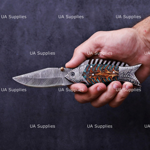 Handmade Fish Folding <b>Knife</b> Damascus Steel Pine Cone <b>Handle</b> Outdoor Survival Custom EDC OEM ODM Wholesale Manufacturer - Product Image 2
