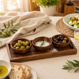 Ensemble de bols à condiments en bois d'acacia artisanal de qualité supérieure avec plateau de service rectangulaire, 3 pièces, plateau écologique en bois pour les sauces et les en-cas - Product Image 2