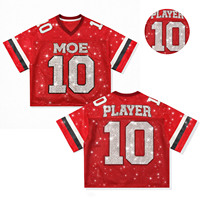 Maillot de football américain rouge tendance à sequins pour femme, haut court en maille brillant avec lettres en strass, col en V, style streetwear pour le jour du match