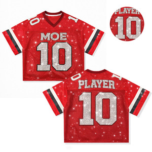 Trendy <b>Sequin</b> <b>Red</b> American Football Jersey Women Shiny Glitter Cropped Mesh Game Day Shirt Rhinestone Letter V-neck Streetwear - Product Image 2