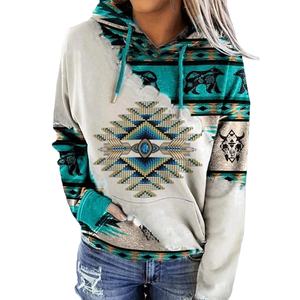 Sweat à capuche zippé mignon pour femmes pull à col rond à manches longues 100% coton surdimensionné imprimé ethnique tissu éponge brodé durable - Product Image 4