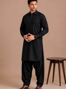 <b>Men's</b> Black Cotton <b>Kurta</b> Pajama Set Ankle-Length Regular Fit Traditional Casual Wear India Pakistan Style Wrinkle Free - Product Image 2