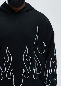 Sweat-shirt à capuche noir pour homme avec imprimé flamme blanche, coupe oversize, streetwear, coton, molleton français, pull-over, coupe classique, vêtements d'automne - Product Image 6