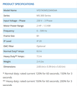 Delta MS300 VFD7A5MS23ANSAA 3Phase 230V 1.5KW Compact Variable Frequency Drive - Product Image 2