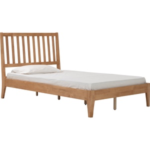 Southwestern <b>Queen</b> <b>Size</b> Wood <b>Bed</b> Frame Minimalist Vertical Slat Headboard Natural Oak Finish Platform <b>Bed</b> Bedroom Furniture - Product Image 1
