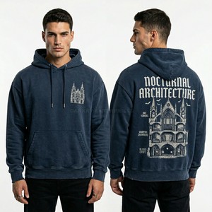 Custom <b>Navy</b> Blue Vintage Wash Hoodie Men Nocturnal Architecture Graphic Oversized Streetwear Heavy Cotton French Terry Hoody - Product Image 1