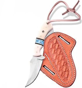 Cuchillo de caza vaquero artesanal con hoja de filo recto y punta caída, mango de hueso, funda de cuero, color naranja, grado industrial OEM/ODM - Product Image 1