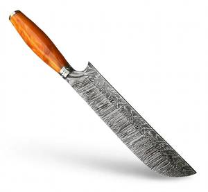 Herramienta utilitaria pesada para exteriores, hecha a mano, con hoja de acero de Damasco de espalda recta y mango de resina con remolinos de ámbar, y bolster de acero. - Product Image 1