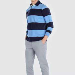 เสื้อโปโลแขนยาวลายทางสำหรับผู้ชาย สีกรมท่าและสีฟ้าอ่อน ทรงลำลอง - Product Image 4