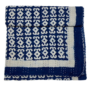 Classic Blue White Geometric Cotton Kantha <b>Quilt</b> Folded All Season Home Decor <b>Bedspread</b> Stitched Design - Product Image 3