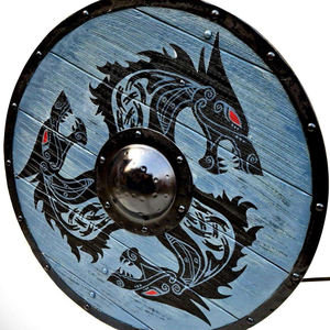 Escudo vikingo redondo de madera hecho a mano con diseño de dragón, escudo de batalla nórdico con base de hierro negro para cosplay y decoración de pared. - Product Image 3