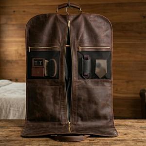 Exquisite Stitching Genuine Leather Classic Luxury Suit Carrier with Protection <b>Heavy</b> <b>Duty</b> Buckle <b>Zipper</b> Closure 1 Compartment - Product Image 5