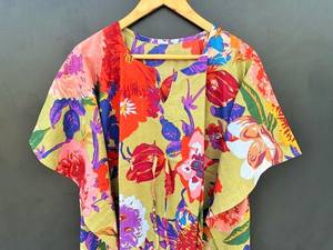 Robe kaftan ample à manches 3/4 pour femmes, 100% coton, imprimé floral, dentelle, lavable - Product Image 3