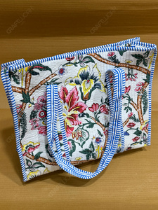 Handcrafted Quilted Floral Tote <b>Bag</b> White Blue Trim Printed <b>Fabric</b> Shoulder Handbag Lightweight Everyday Carry Shopping <b>Bag</b> - Product Image 4