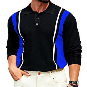 Men's Long Sleeve <b>Black</b> Gray Color Block <b>Polo</b> Shirt Casual Breathable Turn Down Collar 100% Cotton <b>Top</b> - Product Image 2