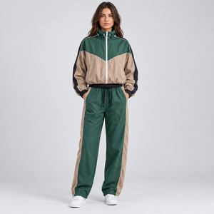 Conjunto de Chaqueta Cortavientos y Pantalones para Mujer, Diseño Color Block, Cierre de Cremallera, Corte Regular, Dos Piezas, Tejido de Punto, Paneles en Contraste, Verano - Product Image 4