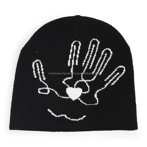 FONILBEST Bonnet Unisexe Noir Broderie Lettres Strass Motif Cœur 54-56CM Adulte Décontracté Hiver Tricoté à la Machine - Product Image 3