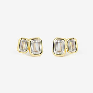 14K Gold Duo Emerald Cut Diamond Bezel Stud Earrings for Women Minimalist Toi et Moi Double <b>Stone</b> Lab Grown Diamond Jewelry Gift - Product Image 2