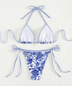 Ensemble de bikini pour femme, haut à larges bretelles, design sublimé sexy, maillot de bain deux pièces, dos à nouer en V, bas taille basse - Product Image 5