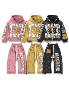 Custom Rhinestone Applique Embroidered <b>Lightweight</b> Fashion 500G Regular Washed Distressed Men Drawstring Four-Way Stretch <b>Hoodie</b> - Product Image 1