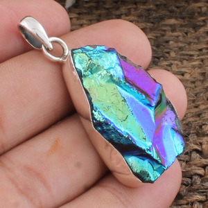 Collier en argent sterling 925 plaqué platine avec pendentif vintage bleu soleil, labradorite arc-en-ciel, fait main, cristal de guérison - Product Image 1