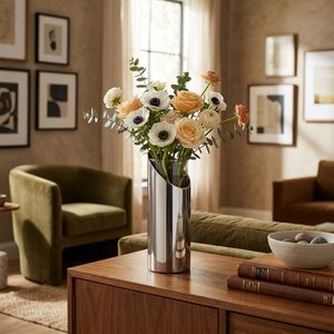 Vase à fleurs moderne minimaliste en laiton argenté poli miroir, en acier inoxydable, fait main, 28 cm, décoration de table pour la maison et l'hôtel - Product Image 2