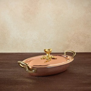 Plat à rôtir rectangulaire en cuivre robuste, profond, résistant au four, avec couvercle à bouton en laiton en forme de feuille de chêne et double poignée, pour la cuisson - Product Image 3