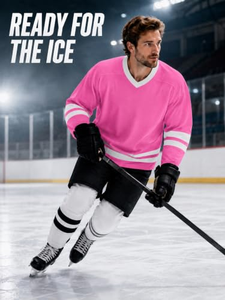 Pink V-Neck Ice Hockey Jersey Full Sleeve Striped Breathable Polyester Adult Unisex Regular Fit Pullover <b>Sport</b> <b>Apparel</b> - Product Image 3