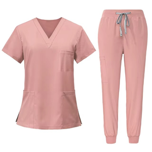 Women Blue V-Neck <b>Scrub</b> <b>Set</b> With Drawstring Pants Hospital Uniforms - Product Image 2