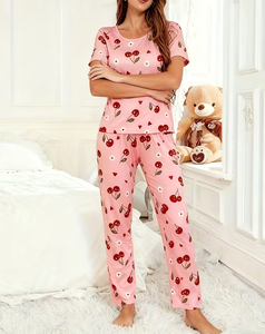 Women Striped Elastic Waist Eco-Friendly Pajama Set Short Sleeve Neck Cotton Sleepwear Casual Summer Loungewear Full Length - Product Image 4