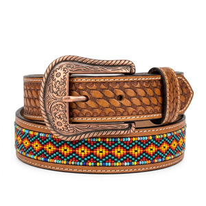 <b>Mens</b> Brown <b>Western</b> Leather <b>Belt</b> Beaded Embossed Cowboy Waist <b>Belt</b> Engraved Buckle Wholesale Custom Supplier for Jeans Wear Daily - Product Image 3