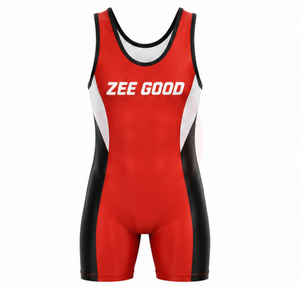 ชุดซิงเกิลเล็ตมวยปล้ำชาย Zee Good สีแดง ดำ ขาว พิมพ์ลายแบบ Sublimation ผ้าสแปนเด็กซ์ โพลีเอสเตอร์ ระบายอากาศได้ดี แห้งเร็ว - Product Image 1