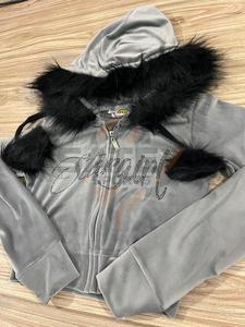 Wholesale <b>Women</b> Rhinestone <b>Velour</b> <b>Tracksuit</b> Zip Up Crop Hoodie With Faux Fur Trim - Product Image 2
