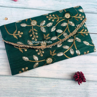 Pochette en soie brodée avec garniture de perles, forme enveloppe, sac à main pour femme, 9x5 pouces, pour mariage, fête, Haldi, Mehendi
