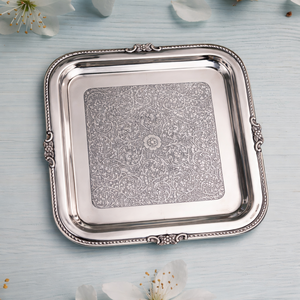 Plateau de service en argent, plateau de service décoratif, plateau en métal de luxe, plateau de service gaufré, plateau en argent gravé - Product Image 2