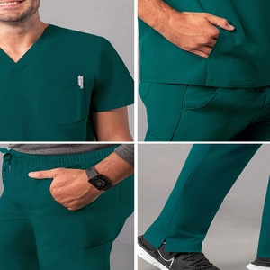 Men Green V-Neck Short Sleeve Scrub <b>Top</b> And Pants Set Cotton Polyester Woven Hospital Uniform - Product Image 4