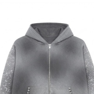 <b>Grey</b> Acid Wash <b>Zip</b> Up <b>Hoodie</b> Rhinestone Pocket Oversized Crop 100% Cotton Fleece Hooded Sweatshirt - Product Image 5