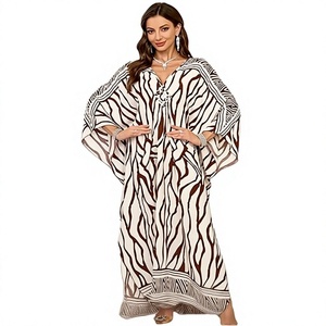 Vestido Maxi Kaftán a Rayas con Cuello en V para Mujer, Manga Murciélago, Ajuste Holgado, Transpirable, Tejido, Estilo Largo y Fluido para Playa de Verano - Product Image 1