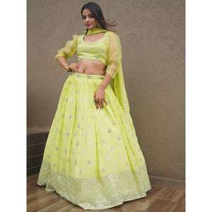 ชุด lehenga choli ผ้าเลื่อมสีเขียวมะนาวสวยงาม - Product Image 4
