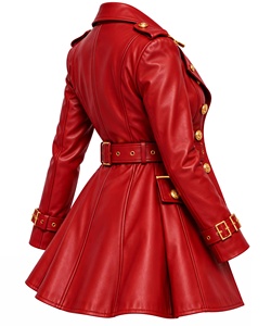 Gabardina de cuero roja para mujer con cinturón y botones dorados - Product Image 3