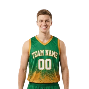 Ensemble d'uniformes de basketball personnalisés pour hommes, vert et or, maillot sans manches à col en V et short, imprimé éclaboussures, nom et numéro de l'équipe, vente en gros de tenues d'équipe - Product Image 6
